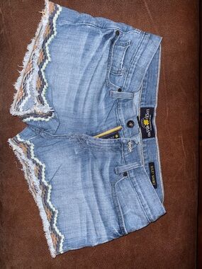 Lucky Brand Light Blue Cropped Denim Shorts with Multicolor Zigzag Trim